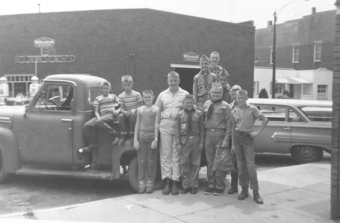 Darlington Boy Scouts with Cox Standard Station in background. 1962.